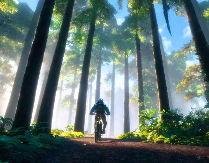 Cyclist on forest path with tall trees and sunlight.