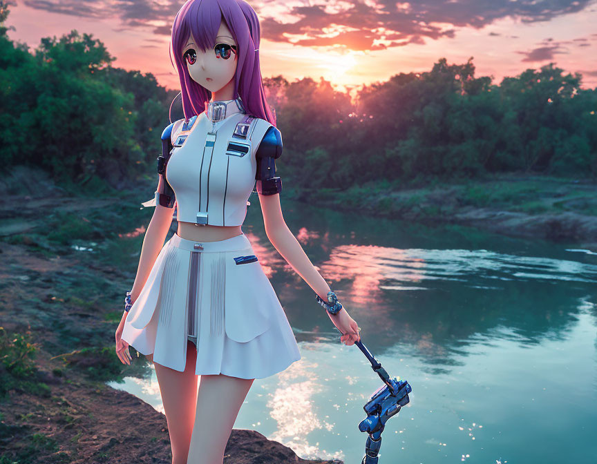 Purple-haired anime character in white outfit with gun by riverside at sunset