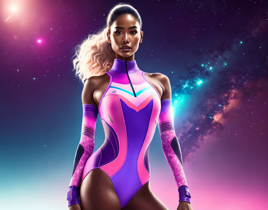 Futuristic woman in purple bodysuit against cosmic backdrop