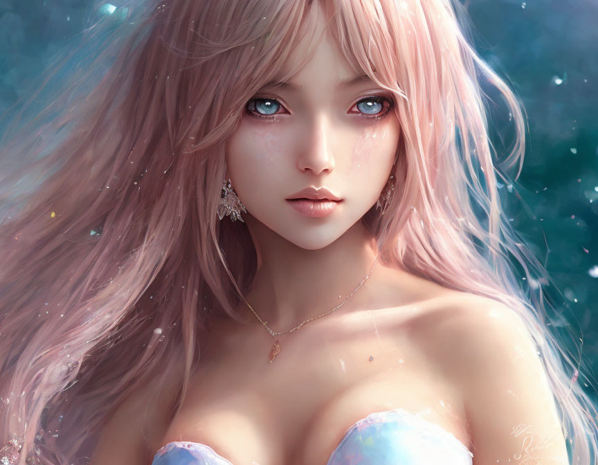 Illustration: Girl with Long Pink Hair and Blue Eyes in Magical Glittering Atmosphere