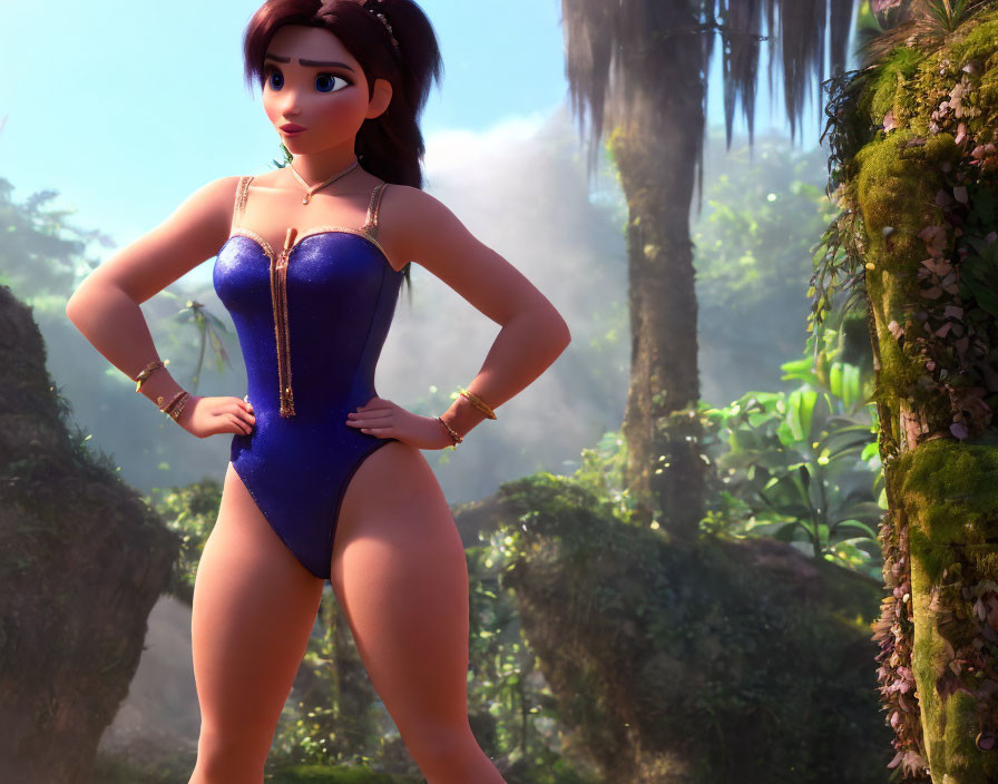 Brown-Haired Animated Character in Blue Swimsuit in Sunlit Forest