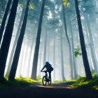 Cyclist on forest path with tall trees and sunlight.