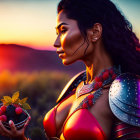 Female warrior in armor with sunset background holding bowl of berries