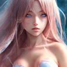 Illustration: Girl with Long Pink Hair and Blue Eyes in Magical Glittering Atmosphere