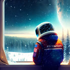 Astronaut viewing snowy landscape under starry sky