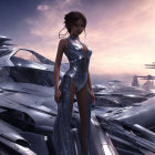 Futuristic 3D Rendered Female Character in Silver Bodysuit with Advanced Spacecraft Background