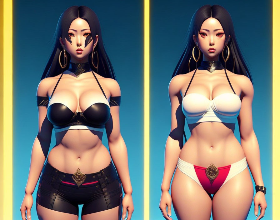 Stylized digital renderings of female character with long black hair in black and white outfit on yellow