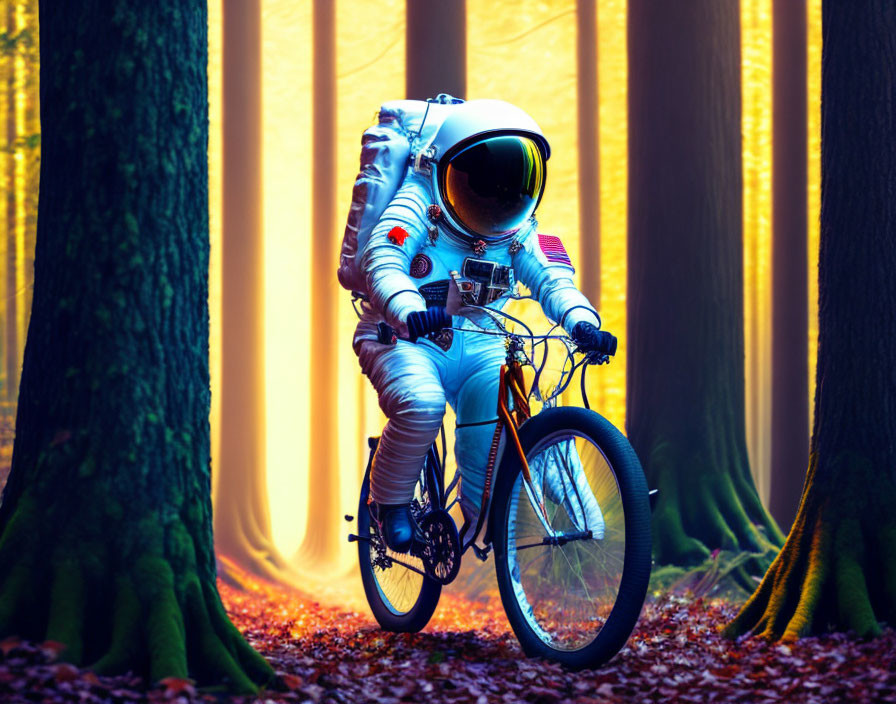 Astronaut on Bicycle in Sunlit Forest