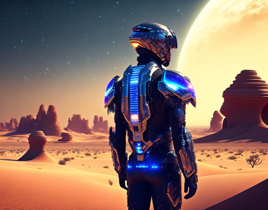 Futuristic robot in glowing blue and orange armor in desert night scene