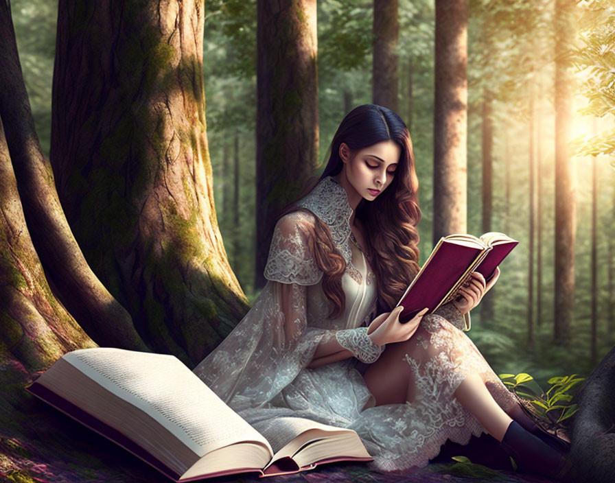 Woman in lace dress reading book in sunlit forest against tree