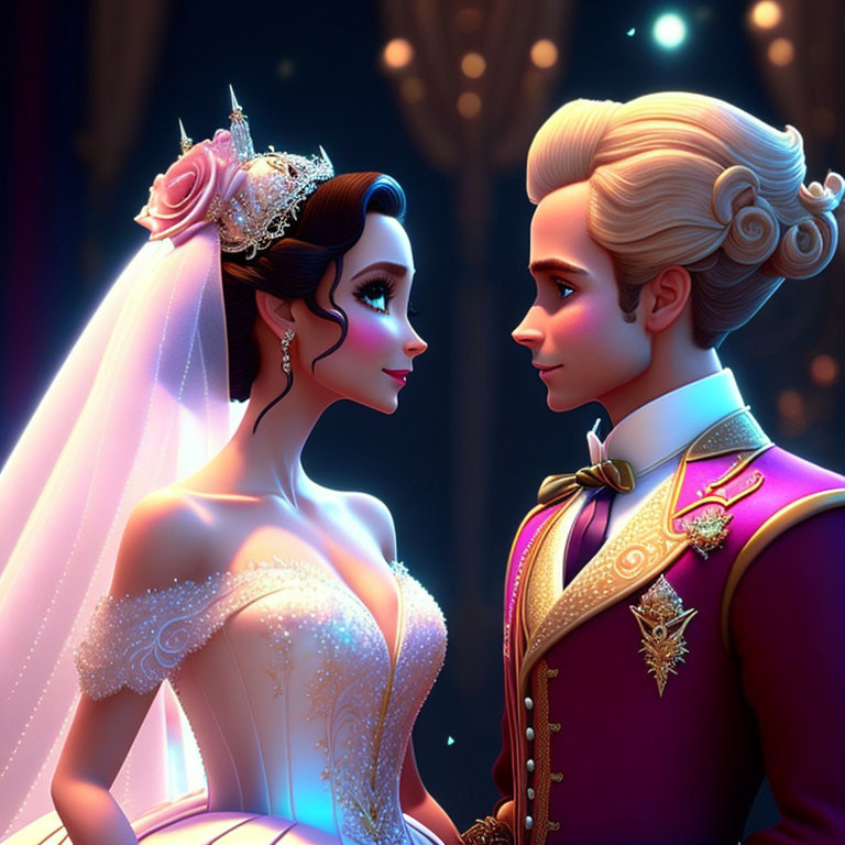 Elegant animated bride and groom in romantic wedding scene