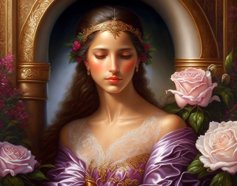 Elegant woman in royal attire with golden tiara and pink roses