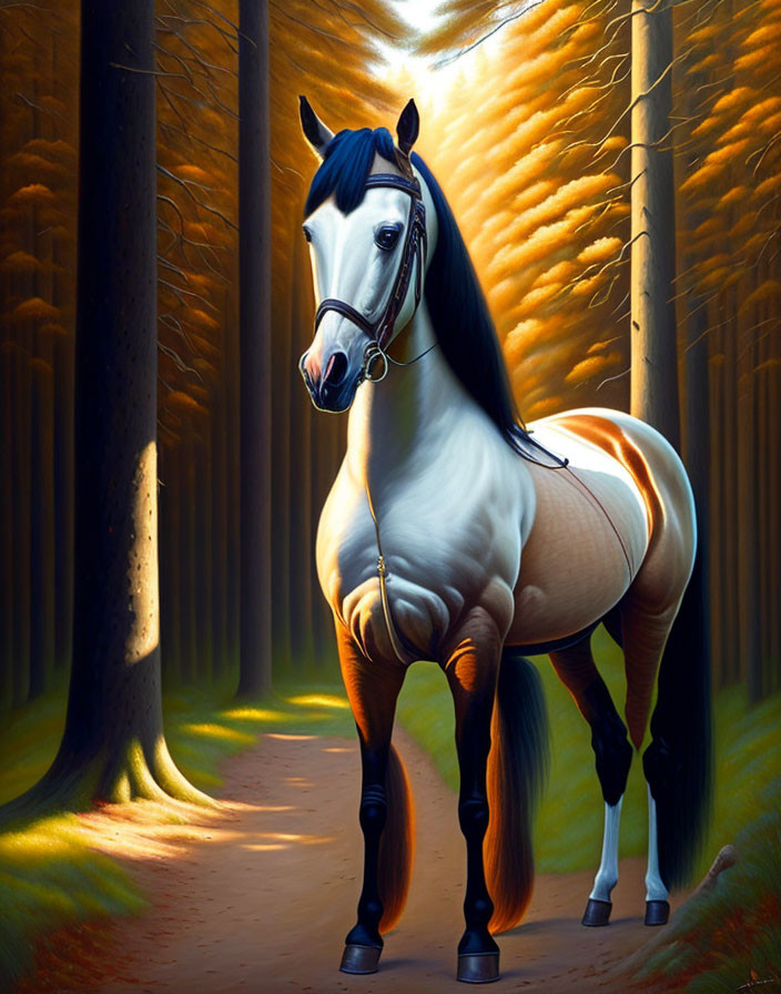 Majestic horse with shiny coat in forest setting