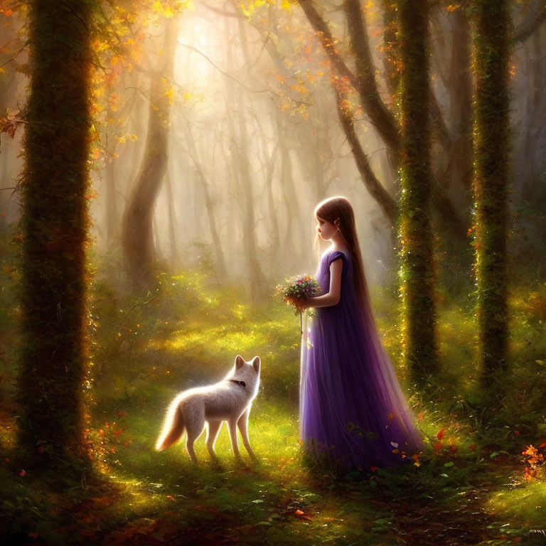 Young woman in purple dress with white fox in autumn forest