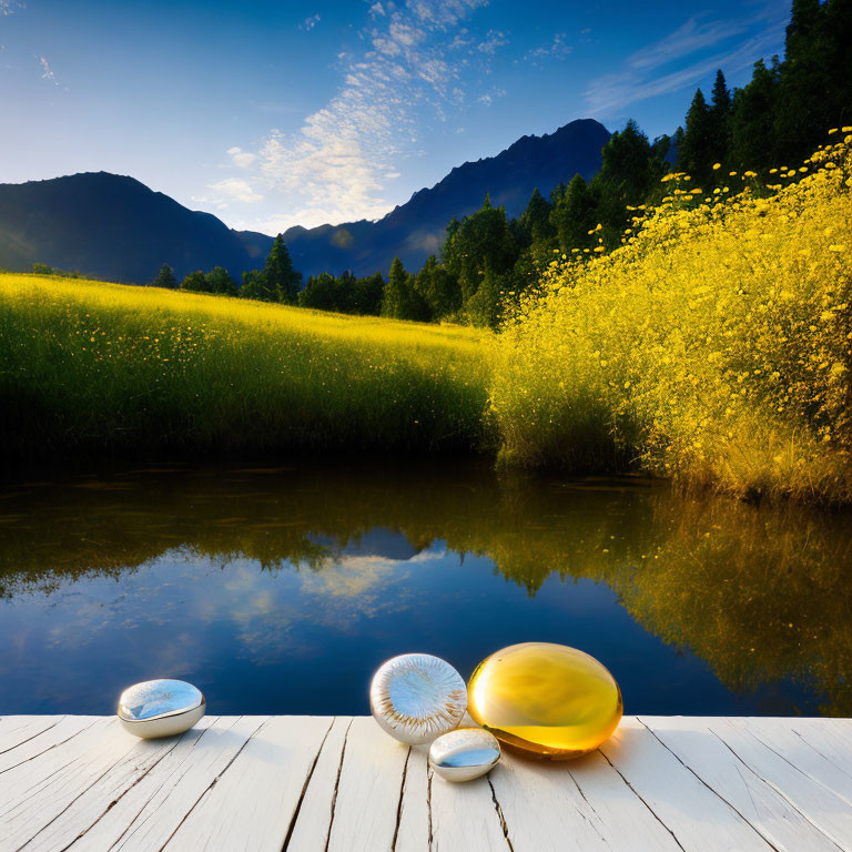 Tranquil landscape with river, dock, stones, seashells, field of yellow flowers,