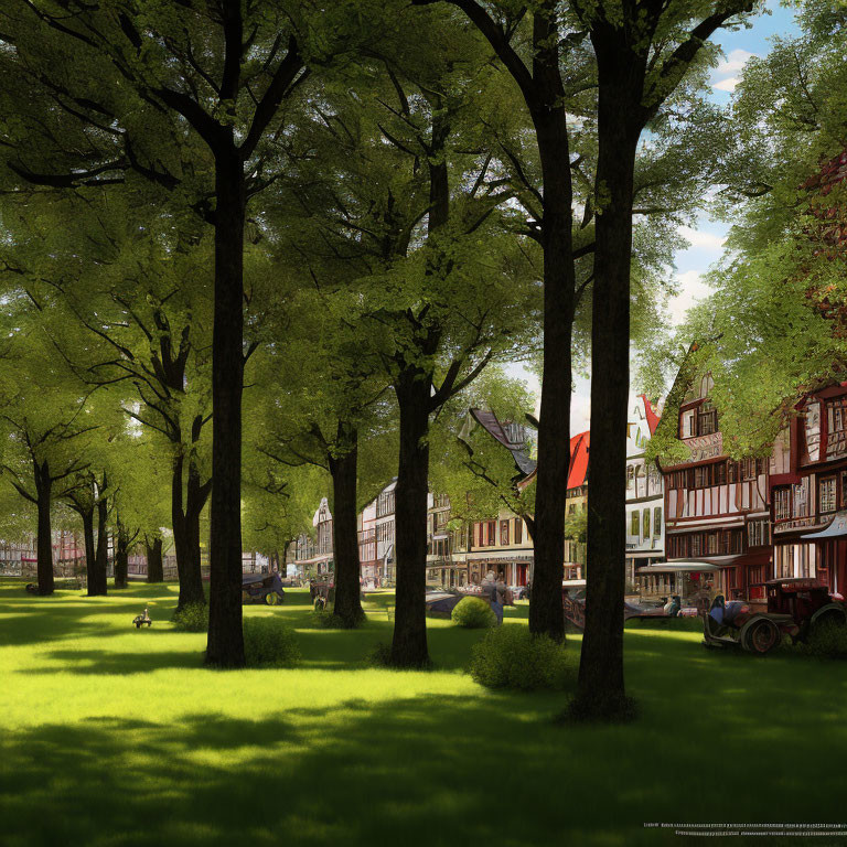 Scenic park with tall trees, half-timbered houses, and blue sky