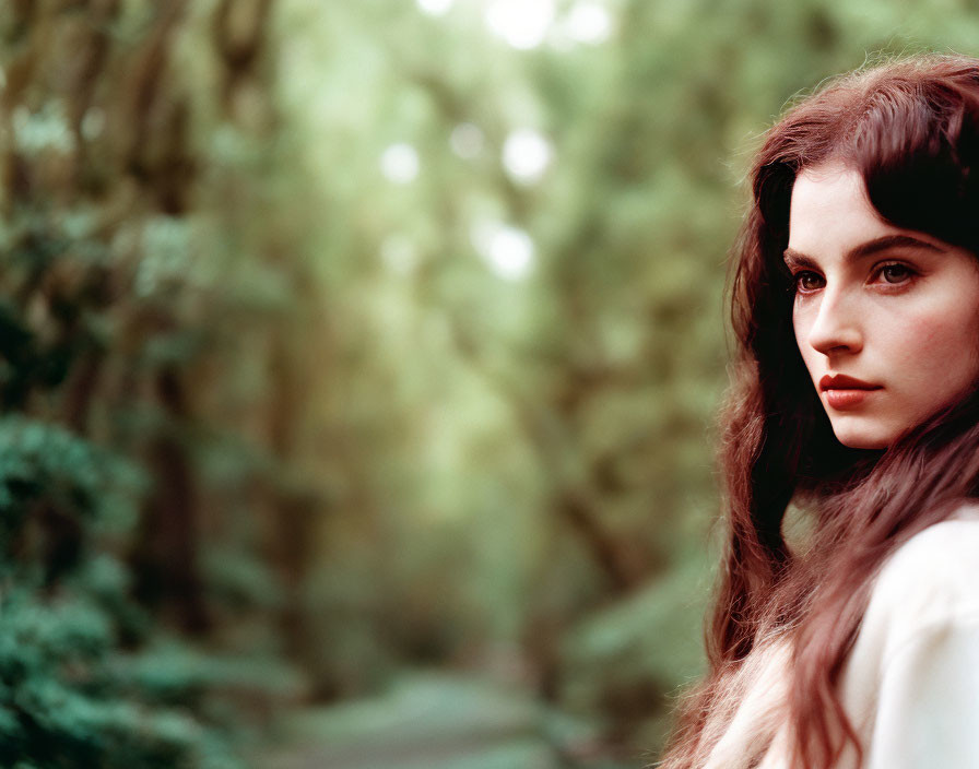 Brown-haired woman gazing in forest setting