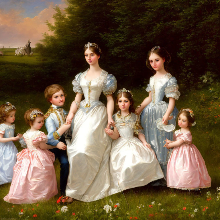 Elegant 19th-Century Woman with Six Children in Garden