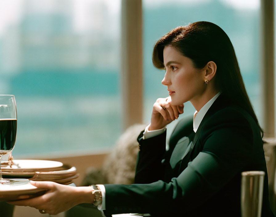 Woman in Dark Suit Contemplating by Window with Glass of Red Wine