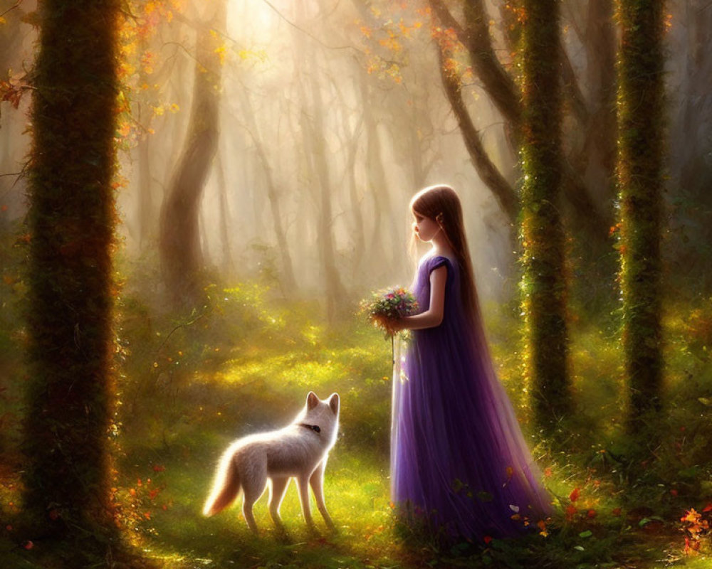 Young woman in purple dress with white fox in autumn forest