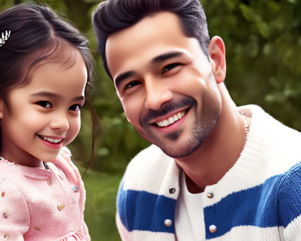 Bearded man and young girl smiling against green backdrop