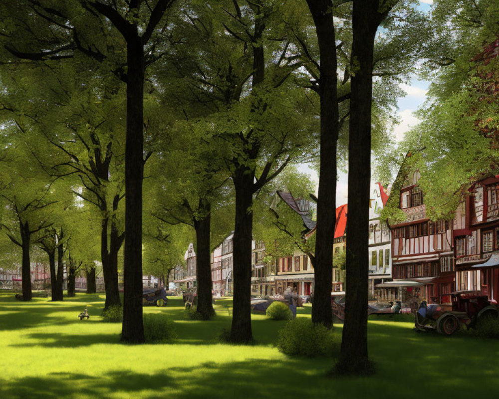 Scenic park with tall trees, half-timbered houses, and blue sky