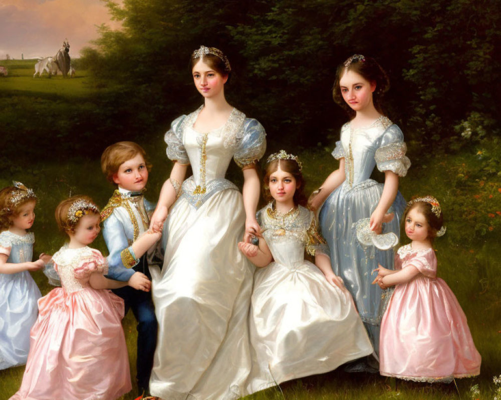 Elegant 19th-Century Woman with Six Children in Garden