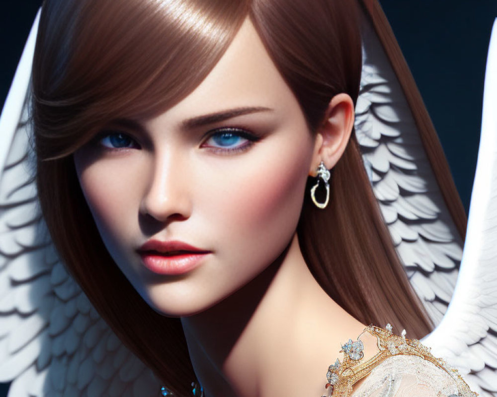 Digital portrait of woman: blue eyes, brown hair, white wings, elegant jewelry