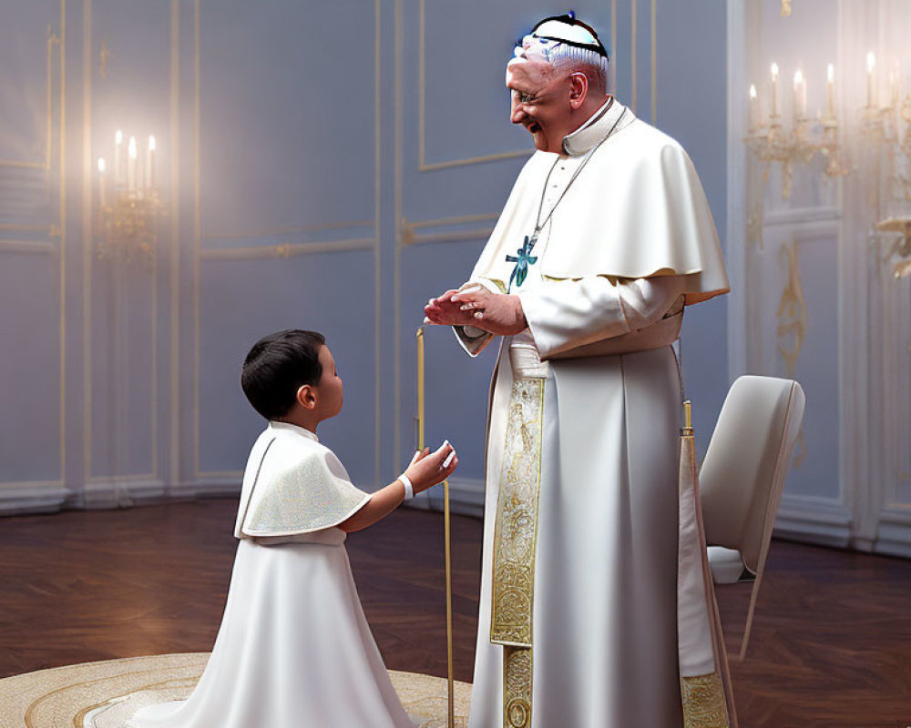 Child offering gift to smiling figure in papal attire