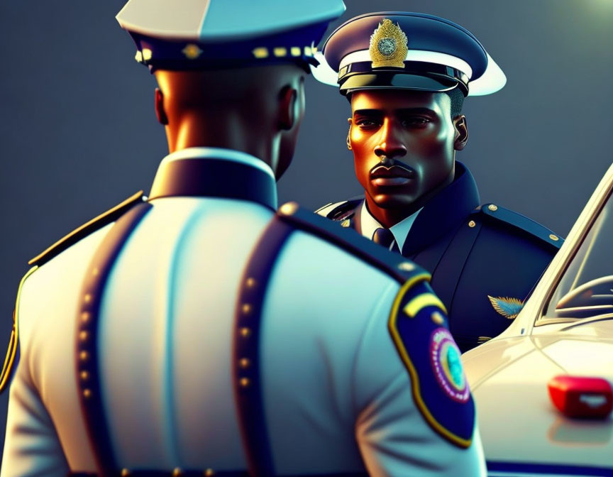 Uniformed police officers standing next to patrol car with focused expression