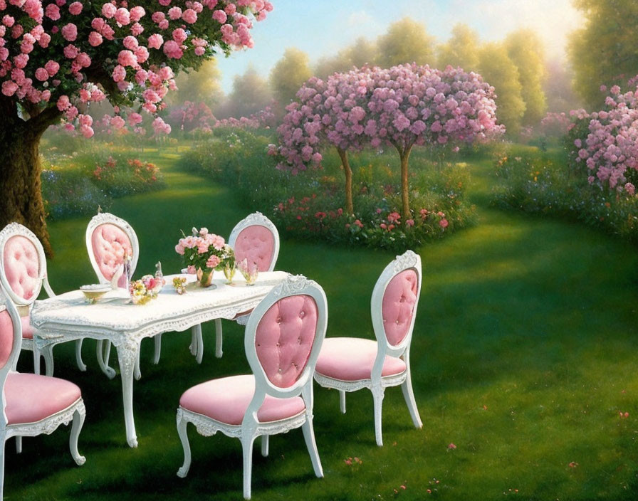 Pink outdoor dining set in lush garden with blooming flowers