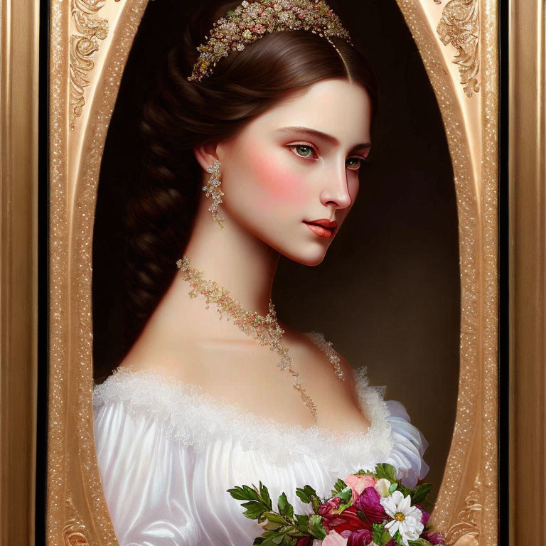 Portrait of woman with braided hairstyle, floral headpiece, white dress, holding bouquet in ornate