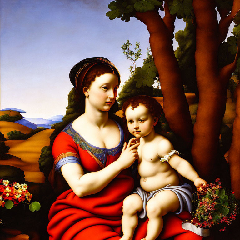 Classical painting of woman with child in red and blue robes in serene landscape