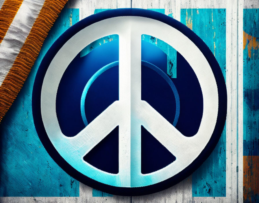 Peace symbol on blue and white striped background with brown fabric edge