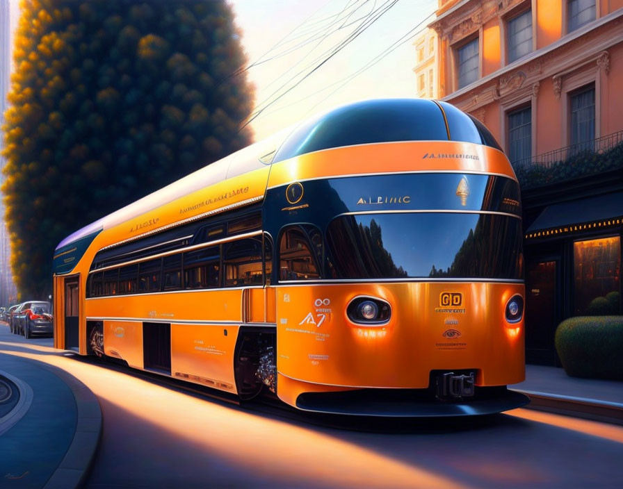 Modern orange and black Alstom tram in urban setting.