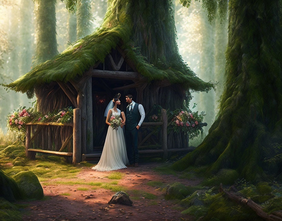 Wedding couple in forest near treehouse with sunbeams