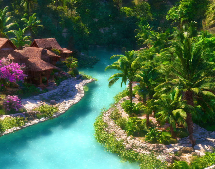 Tropical Thatched Huts Along Blue River