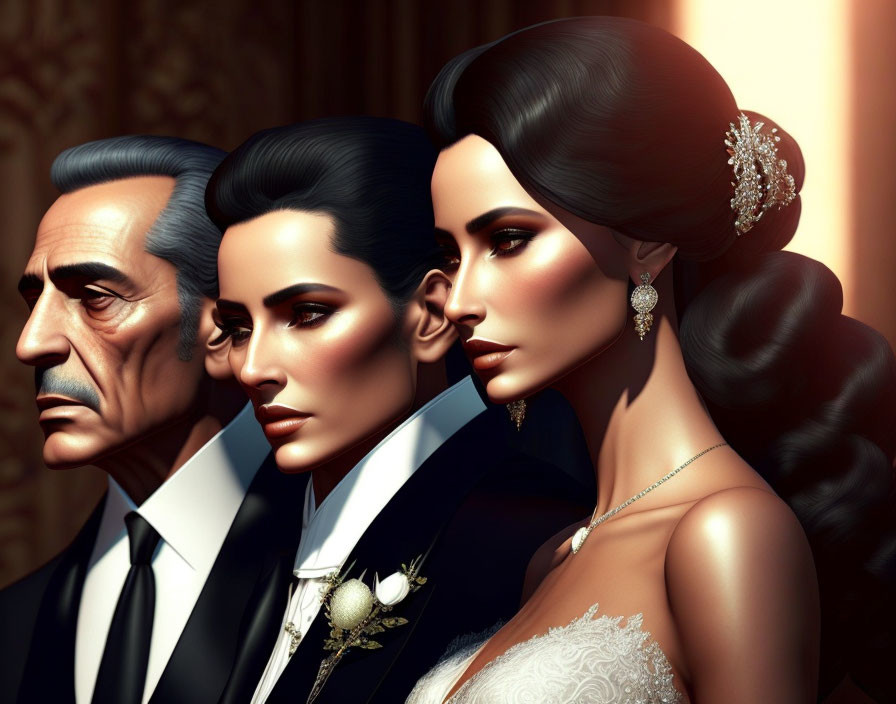 Detailed illustration of four elegantly dressed characters at a formal event with distinct hairstyles and solemn facial expressions.