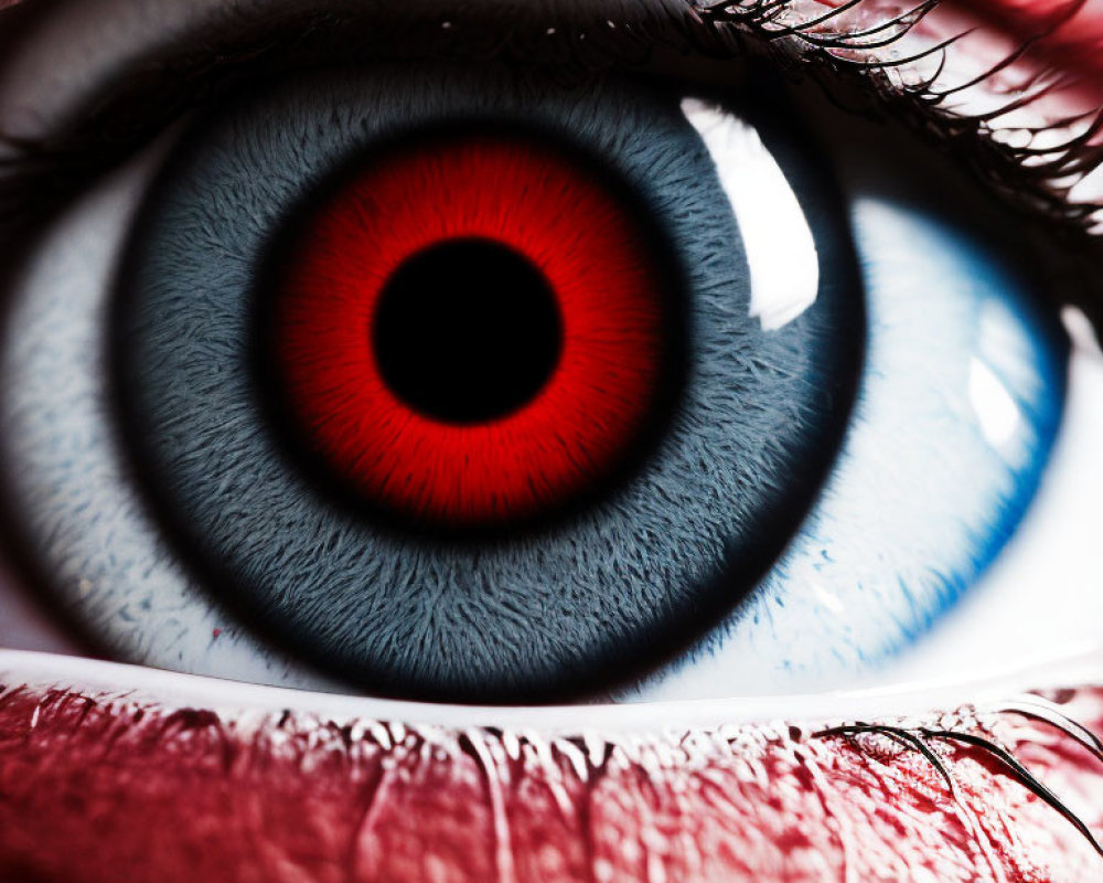 Detailed Close-Up of Human Eye with Red Ring, Blue Iris, and Eyelashes