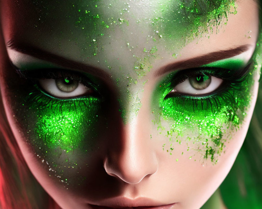 Detailed Close-Up of Person with Green Glitter Eye Makeup