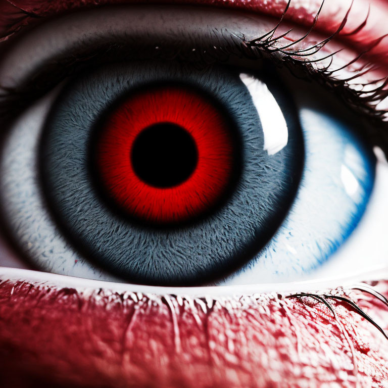 Detailed Close-Up of Human Eye with Red Ring, Blue Iris, and Eyelashes