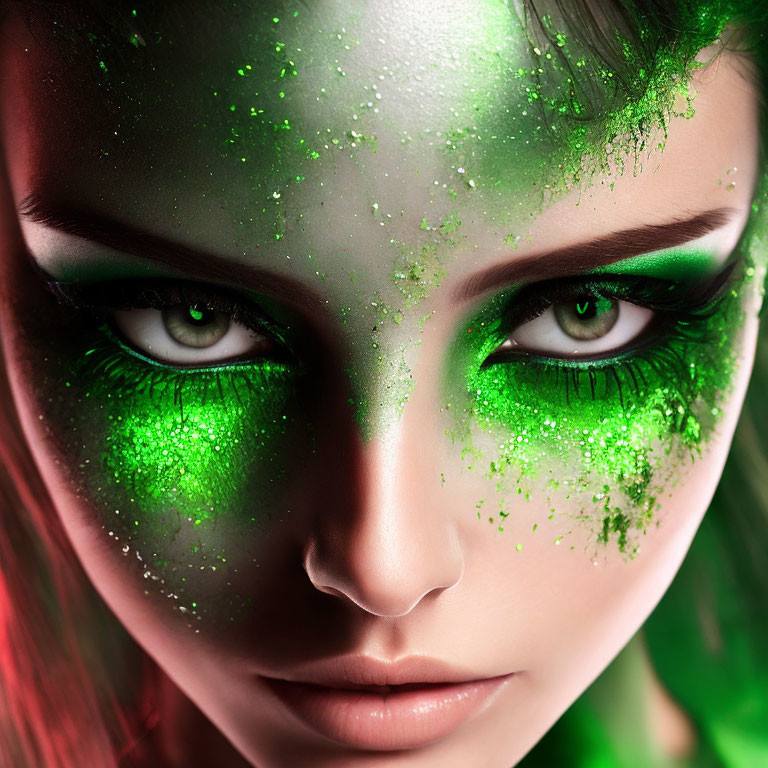 Detailed Close-Up of Person with Green Glitter Eye Makeup