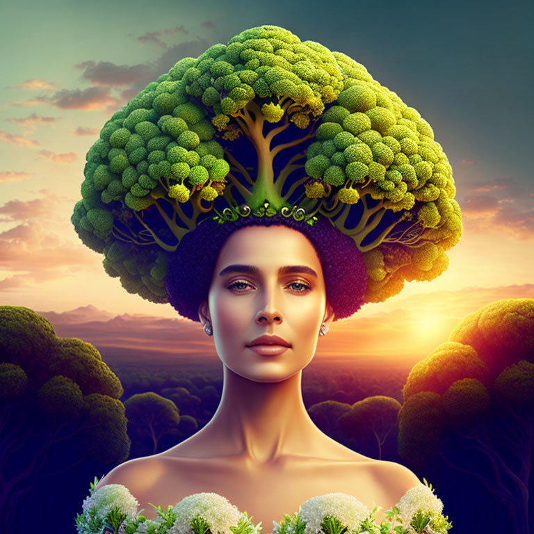 Surreal image: Woman with broccoli hair and crown in forest sunset.