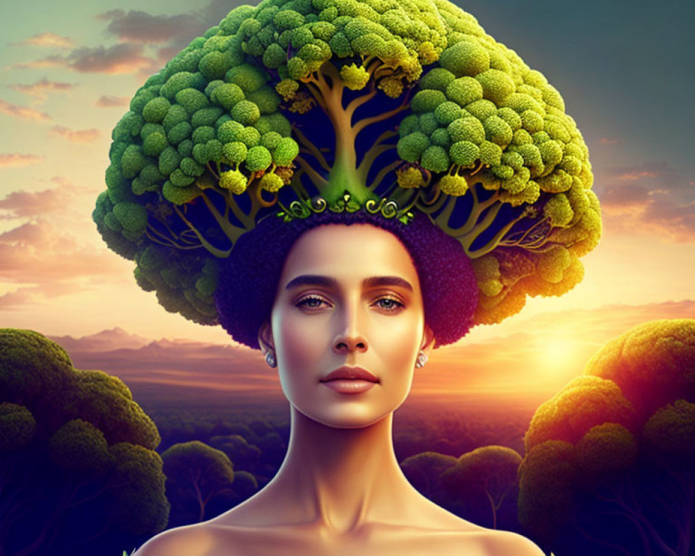 Surreal image: Woman with broccoli hair and crown in forest sunset.