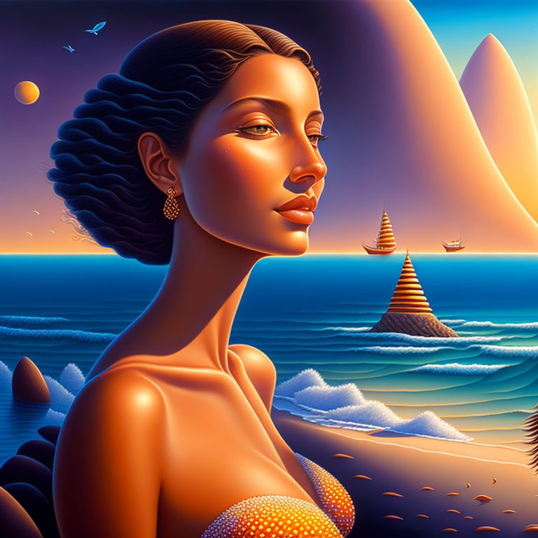 Stylized illustration of woman with ocean, sailboats, and mountains in warm sunset hues