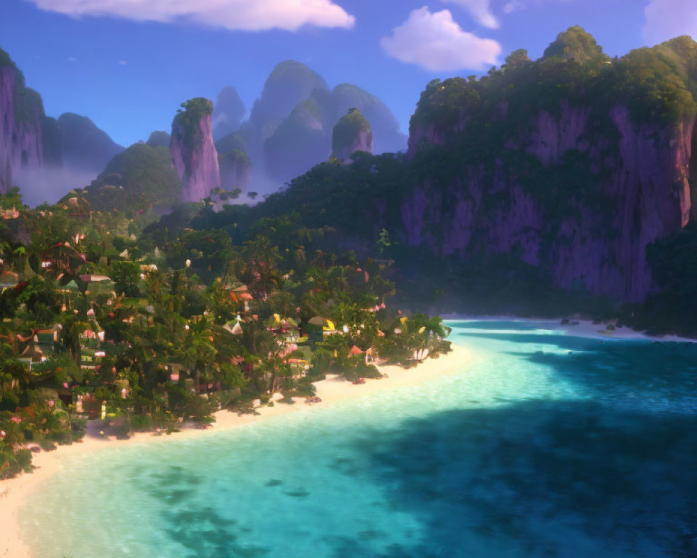 Tranquil tropical beach with lush forests, huts, and cliffs