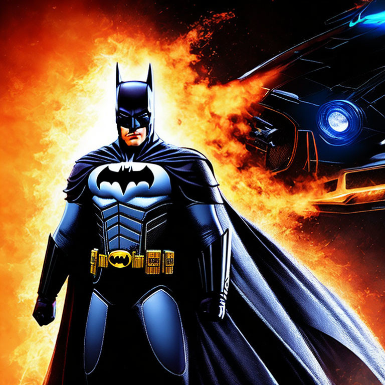 Superhero in iconic suit with fiery explosion and Batmobile.