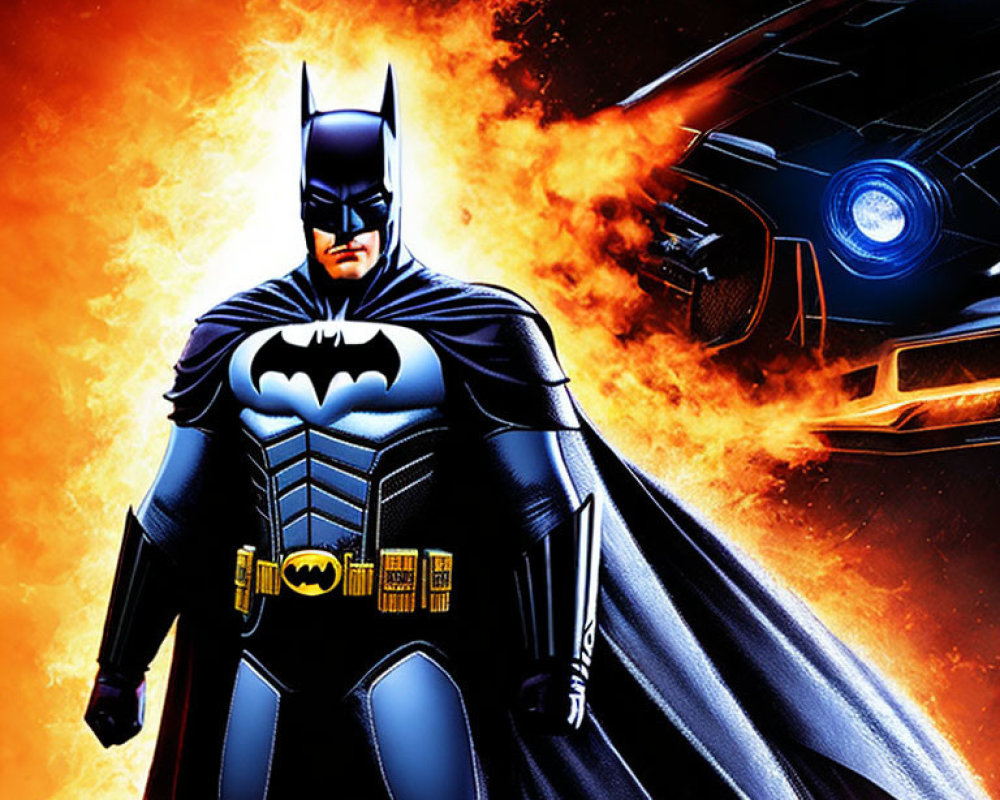 Superhero in iconic suit with fiery explosion and Batmobile.