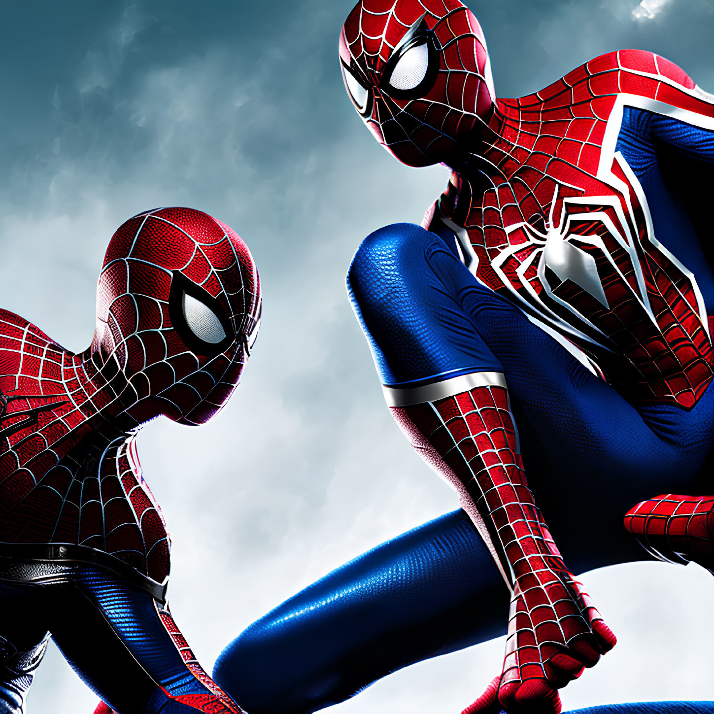 People in Spider-Man costumes against vibrant blue sky with clouds