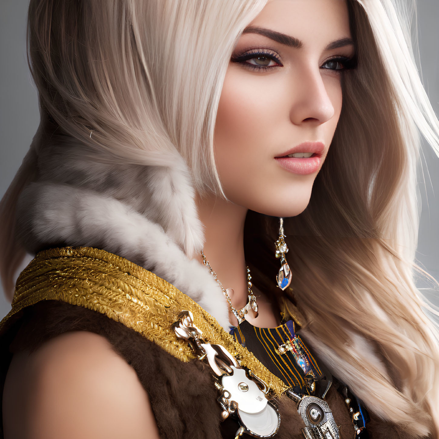 Blonde woman portrait in fur collar and golden attire